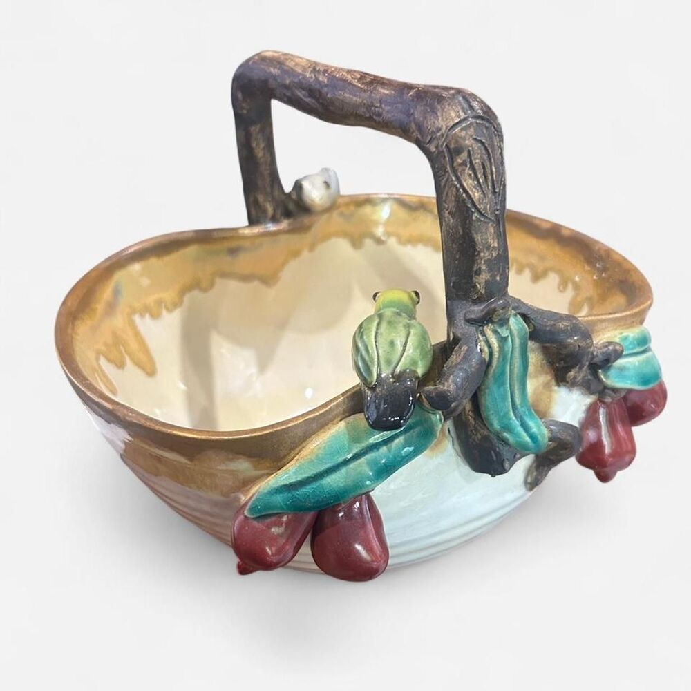 Vintage Sculpted Ceramic Fruit Basket with Bird Accents